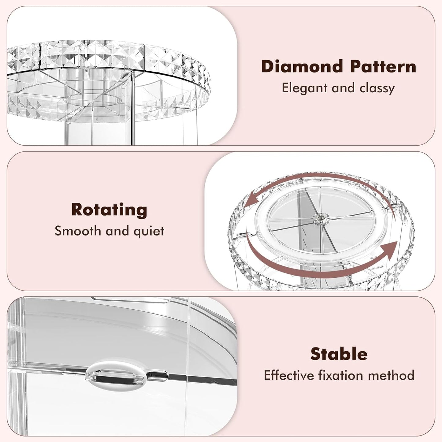 360° Rotating Acrylic Makeup Organizer – Multi-Tier Cosmetic Storage with Diamond-Cut Design