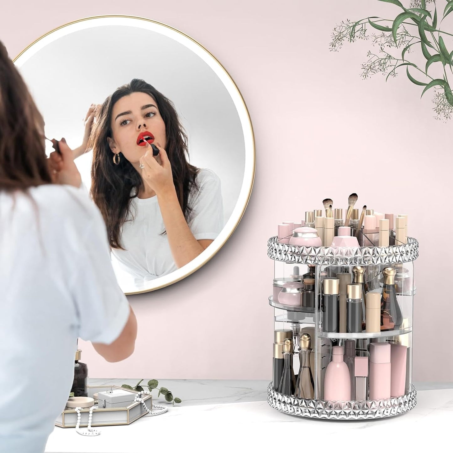 360° Rotating Acrylic Makeup Organizer – Multi-Tier Cosmetic Storage with Diamond-Cut Design