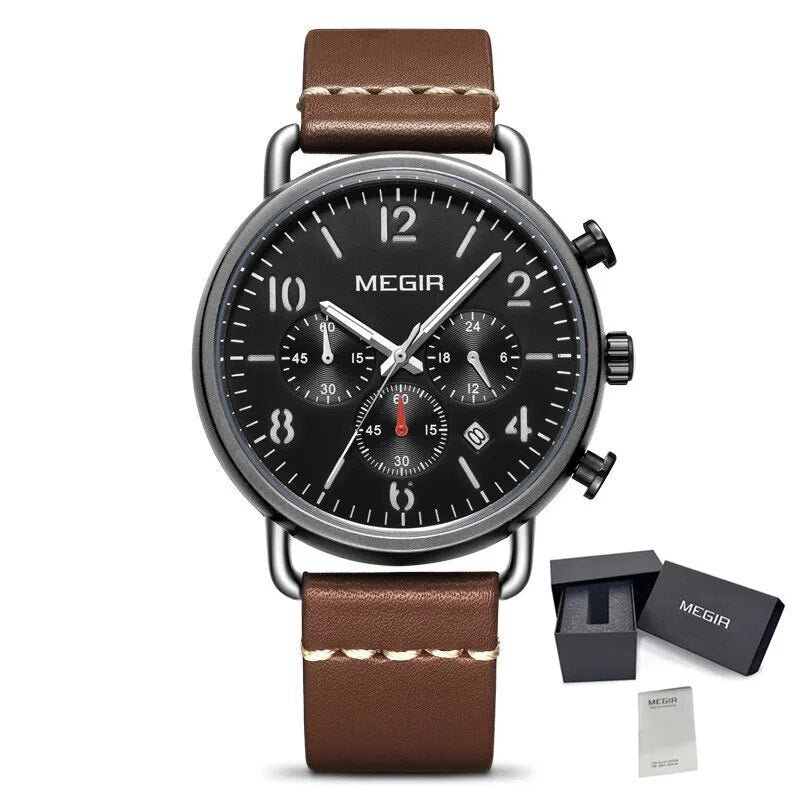 MEGIR Fashion Mens Watches Luxury Sport Quartz Wrist Watch Steel Mesh Business Casual Watches Calendar Leather Band Man Clock
