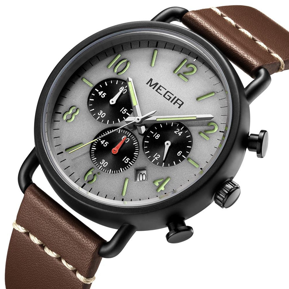 MEGIR Fashion Mens Watches Luxury Sport Quartz Wrist Watch Steel Mesh Business Casual Watches Calendar Leather Band Man Clock