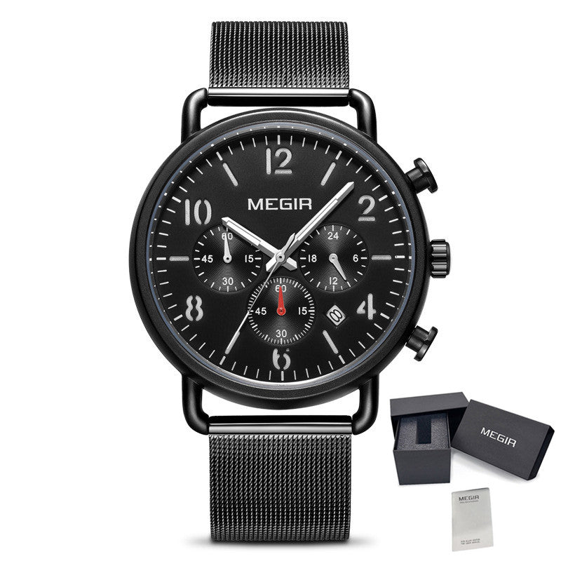 MEGIR Fashion Mens Watches Luxury Sport Quartz Wrist Watch Steel Mesh Business Casual Watches Calendar Leather Band Man Clock