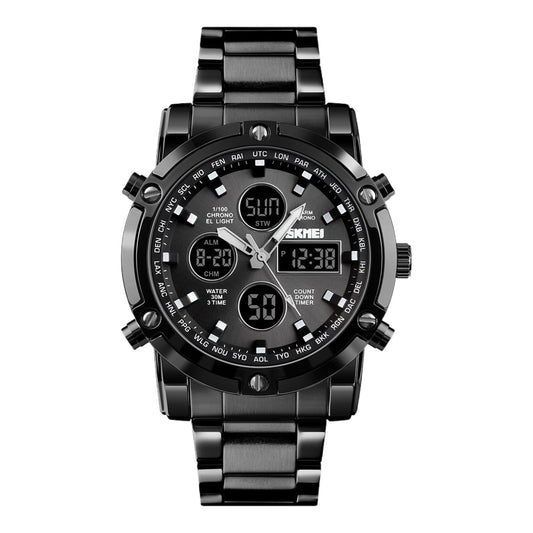 SKMEI 1389 Dual Time Analog Digital Stainless Steel Watch – Silver & Black – Free Delivery