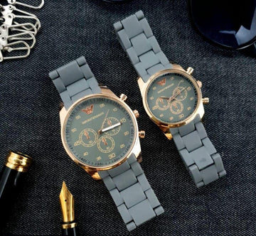 Grey Chronograph Watch for Couples, Stainless Steel, Gold Accents, Water Resistant