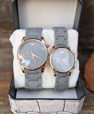 Grey Chronograph Watch for Couples, Stainless Steel, Gold Accents, Water Resistant