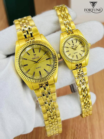 Unisex Gold Brass Couple Watch Set with Chain Strap