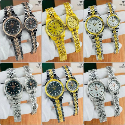 Unisex Gold Brass Couple Watch Set with Chain Strap
