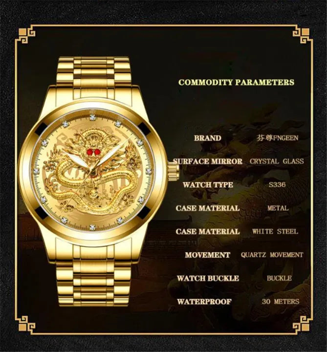 FNGEEN 336 Top Luxury Men Gold Dragon Watch Waterproof Luminous Quartz Watches Mens Alloy Band Hot Selling Clock