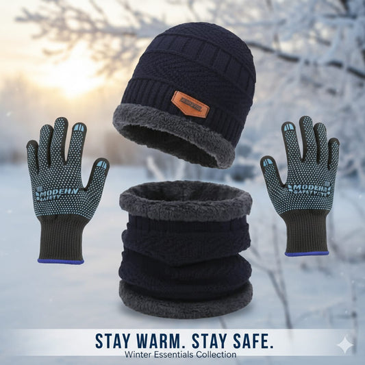 Premium Knitted Beanie Cap, Neck Gaiter And Touchscreen Gloves Combo Pack  Complete Winter Essentials For Cold Weather Protection (Blue)