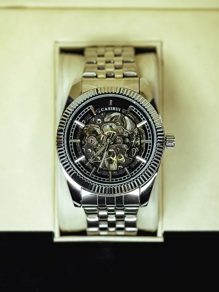 Silver-Tone men  Round Automatic Skeleton Watch(Free Delivery)