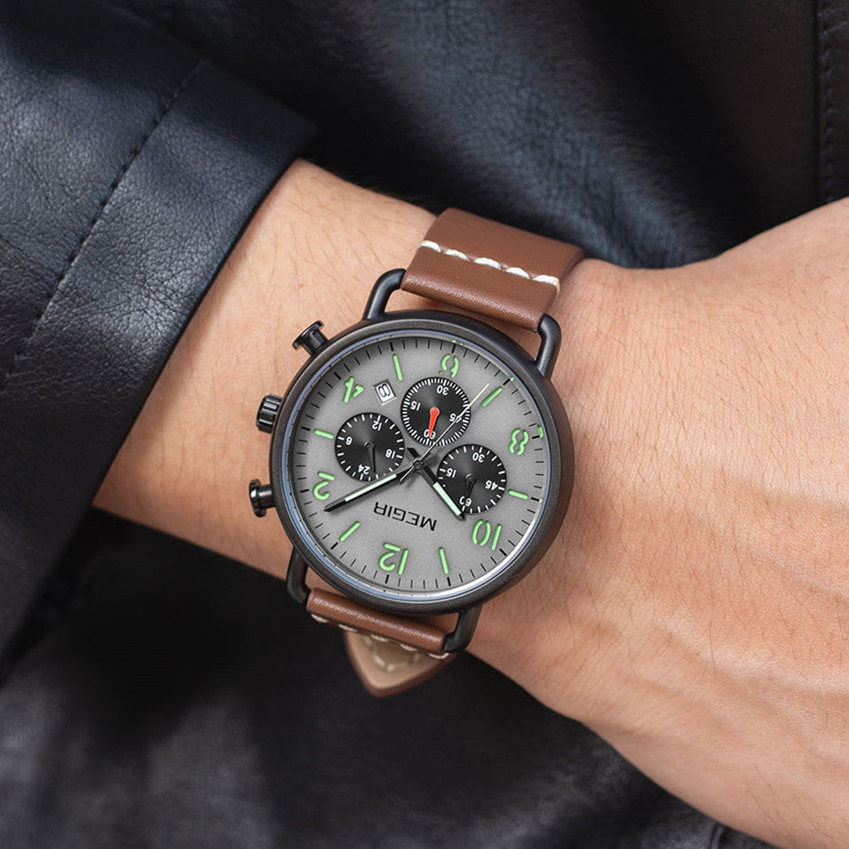 MEGIR Fashion Mens Watches Luxury Sport Quartz Wrist Watch Steel Mesh Business Casual Watches Calendar Leather Band Man Clock