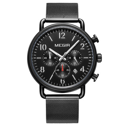MEGIR Fashion Mens Watches Luxury Sport Quartz Wrist Watch Steel Mesh Business Casual Watches Calendar Leather Band Man Clock