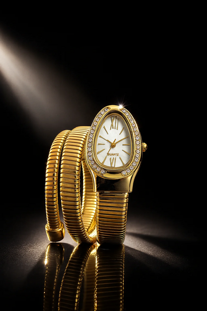 Triple‑Wrap Snake Watch | Diamond‑Set Bezel | Golden
