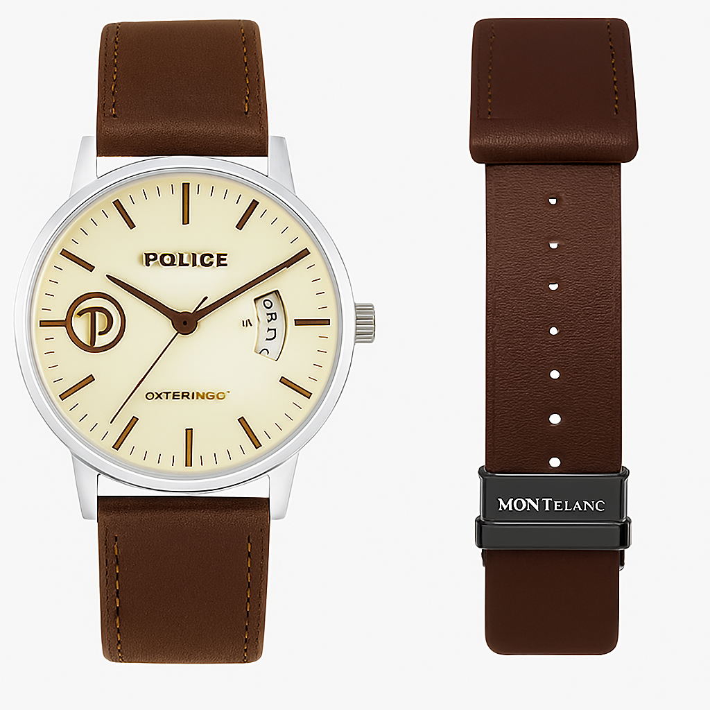 Police Watch – Elegant Design with Date Display | Leather Strap | Quartz Movement | Water Resistant - Black Strap with Black Dial
