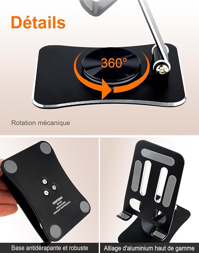 Black Small Mobile Phone Holder Aluminum Alloy Angle Height Adjustable Rotating Base Stable Waterproof Cell Phone Stand Holder