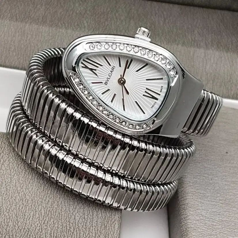 Triple‑Wrap Snake Watch | Diamond‑Set Bezel | Golden