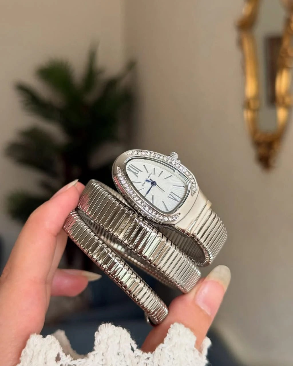 Triple‑Wrap Snake Watch | Diamond‑Set Bezel | Golden
