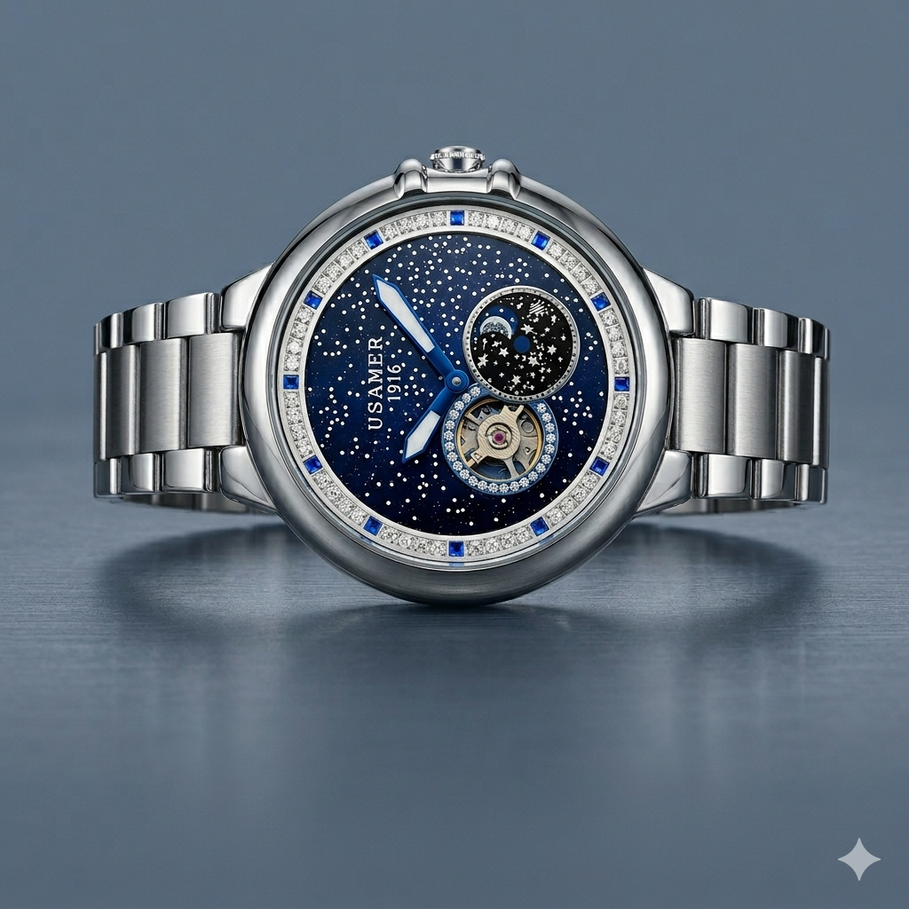 Usamer 1916 Luxury Starry Dial Watch – Silver & Blue Stainless Steel Quartz Watch