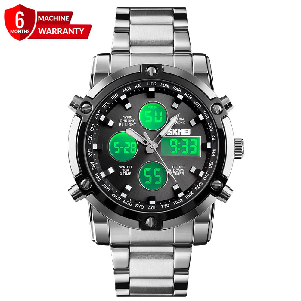 SKMEI 1389 Dual Time Analog Digital Stainless Steel Watch – Silver & Black – Free Delivery