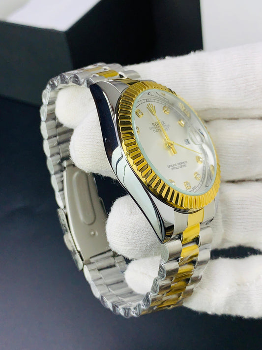 Roolex Wrist Watch Two Tone Silver & Gold With White Dial (Generic Quality)