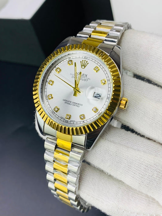 Roolex Wrist Watch Two Tone Silver & Gold With White Dial (Generic Quality)