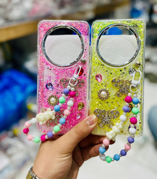Premium Bling Glitter Butterfly Cover with Matching Bead Bracelet Lanyard – Stylish Shockproof Back Case