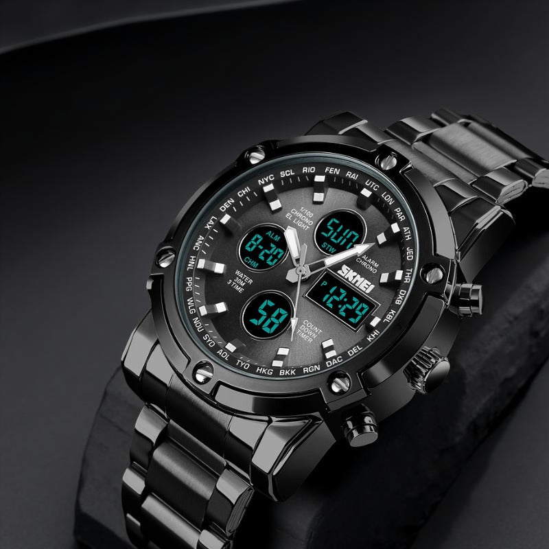 SKMEI 1389 Dual Time Analog Digital Stainless Steel Watch – Silver & Black – Free Delivery