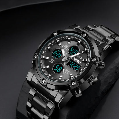 SKMEI 1389 Dual Time Analog Digital Stainless Steel Watch – Silver & Black – Free Delivery