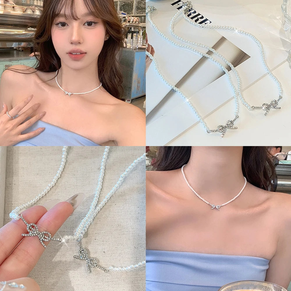 PQT-992 Bow Shape Pearl Pendant Necklace – Elegant Women’s Jewelry in Silver & Gold Finish