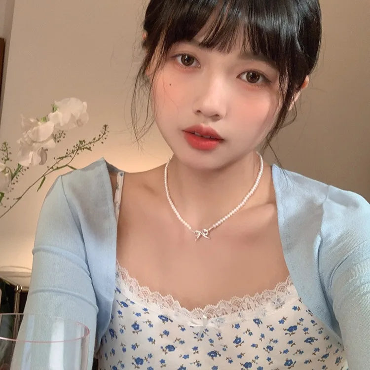 PQT-992 Bow Shape Pearl Pendant Necklace – Elegant Women’s Jewelry in Silver & Gold Finish