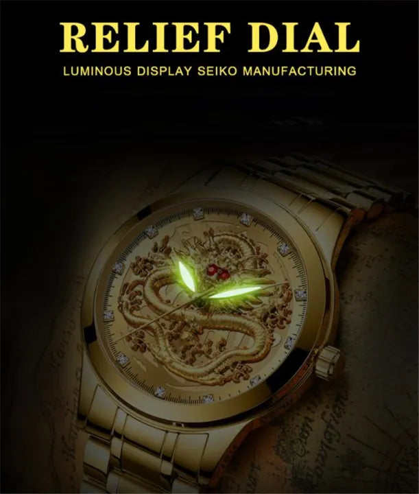 FNGEEN 336 Top Luxury Men Gold Dragon Watch Waterproof Luminous Quartz Watches Mens Alloy Band Hot Selling Clock