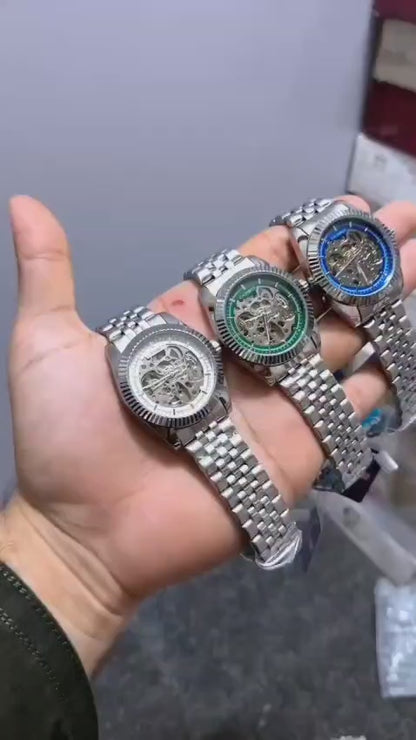 Silver-Tone men  Round Automatic Skeleton Watch(Free Delivery)