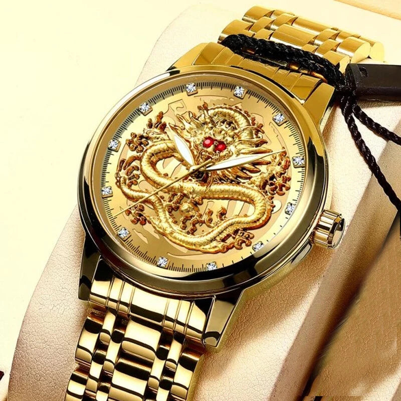 FNGEEN 336 Top Luxury Men Gold Dragon Watch Waterproof Luminous Quartz Watches Mens Alloy Band Hot Selling Clock